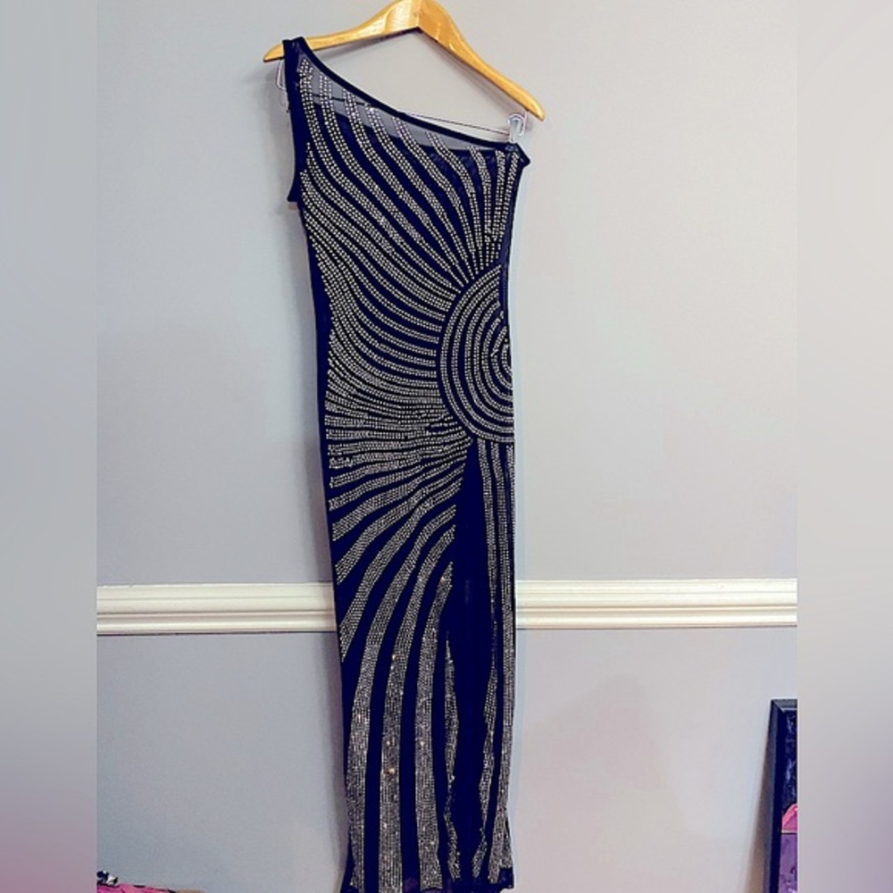 Black studded, one shoulder sunburst maxi dress